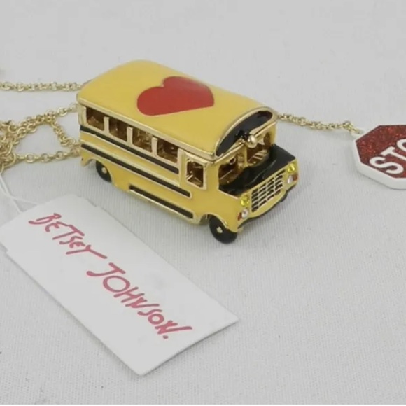 Betsey Johnson BACK TO SCHOOL Gold Tone Yellow Bus Heart Locket Long Necklace - Picture 2 of 5